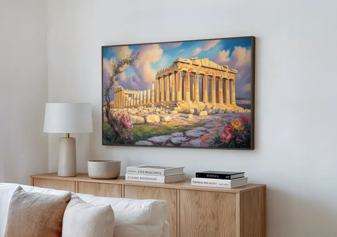 Parthenon Glory canvas wall art above a wooden sideboard next to a sofa
