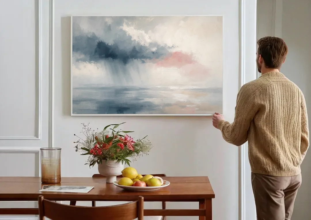 Passing Rain Over a Calm Sea Above the Headboard canvas wall art above a dining table