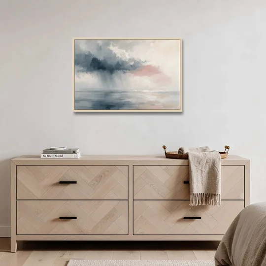 Passing Rain Over a Calm Sea Above the Headboard - Oak Framed Canvas Wall Art - Coffee Table - 36x24