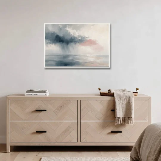 Passing Rain Over a Calm Sea Above the Headboard - White Framed Canvas Wall Art - Coffee Table - 36x24