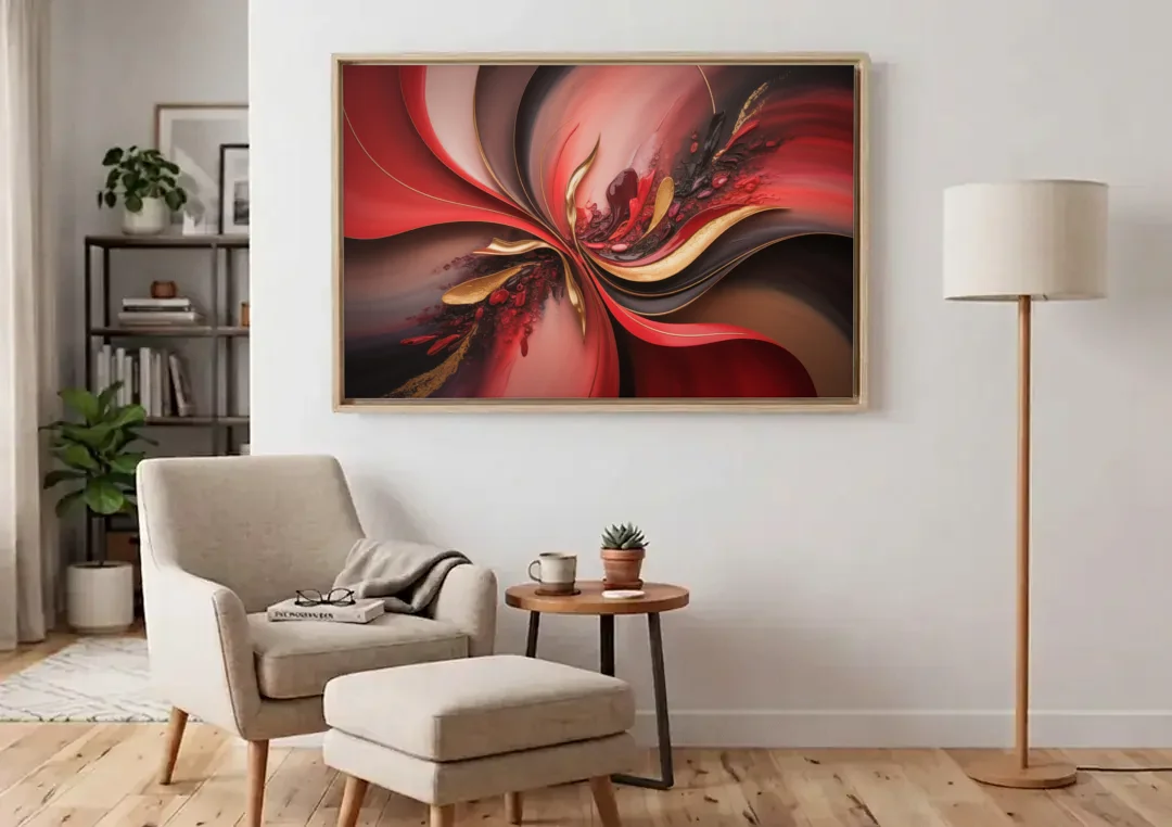 Passion Waves Red Abstract canvas wall art above an armchair in a bright living room