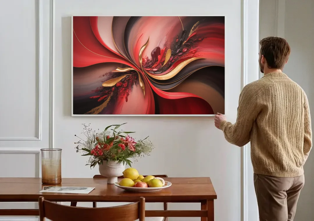 Passion Waves Red Abstract canvas wall art above a dining table