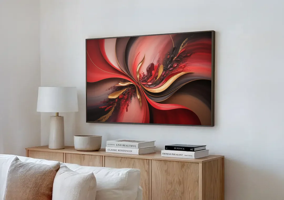 Passion Waves Red Abstract canvas wall art above a wooden sideboard next to a sofa