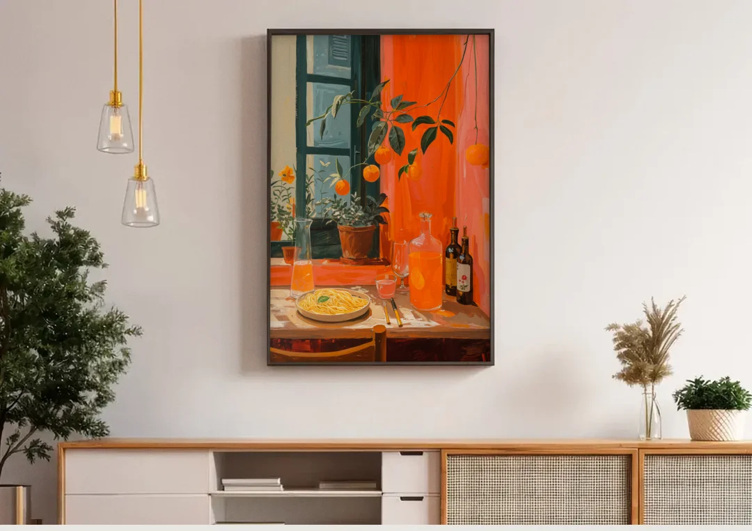 Pasta Art of a Trattoria Table canvas wall art above a wooden sideboard under pendant lights