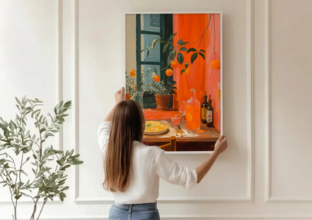 Pasta Art of a Trattoria Table canvas wall art being hung on a paneled wall