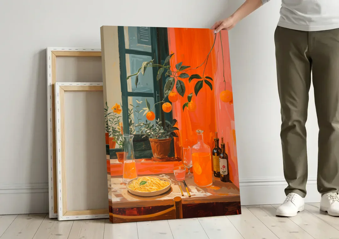 Pasta Art of a Trattoria Table canvas wall art leaning against a wall next to blank canvases