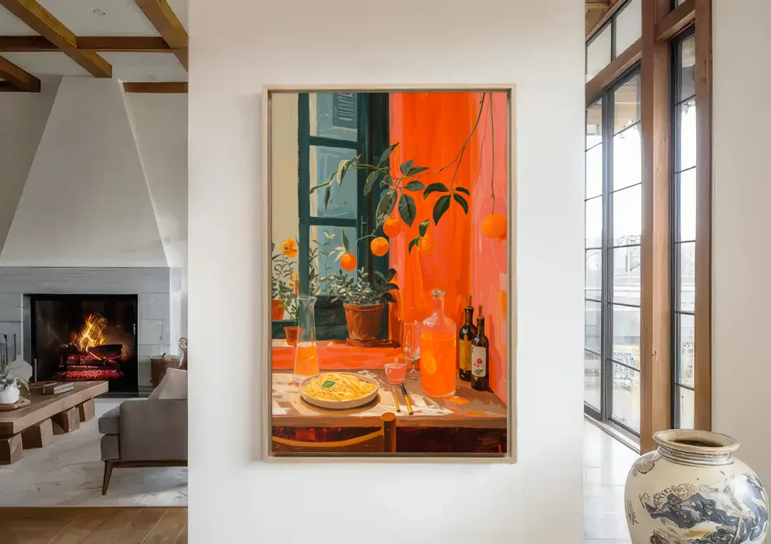 Pasta Art of a Trattoria Table canvas wall art in a living room with a fireplace