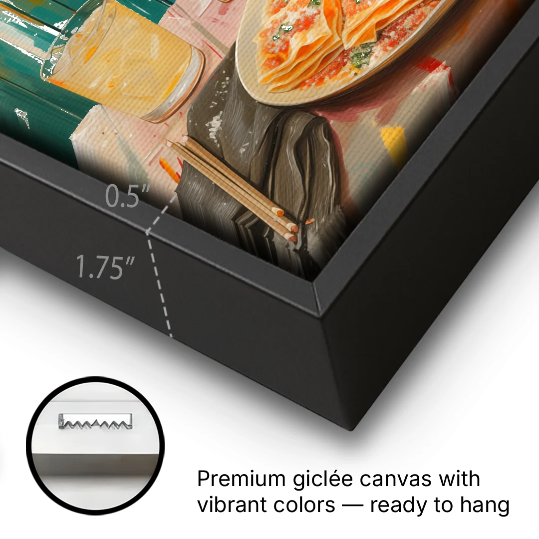 Pasta Painting of Lasagna Under Oranges - Black Framed Canvas Wall Art - Gallery Wrap Corner