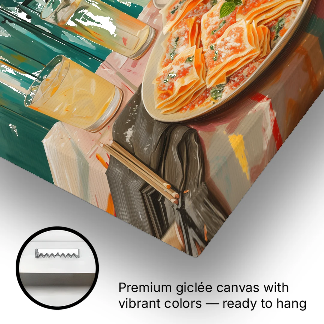 Pasta Painting of Lasagna Under Oranges - Canvas Wall Art - Gallery Wrap Corner