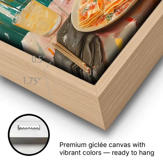 Pasta Painting of Lasagna Under Oranges - Oak Framed Canvas Wall Art - Gallery Wrap Corner