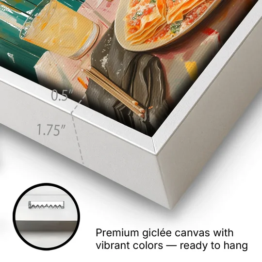 Pasta Painting of Lasagna Under Oranges - White Framed Canvas Wall Art - Gallery Wrap Corner