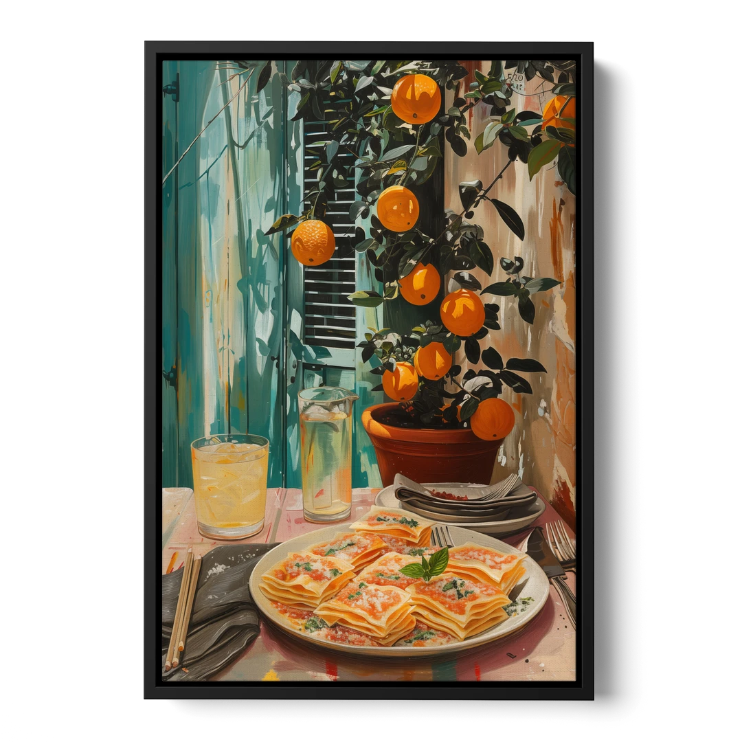 Pasta Painting of Lasagna Under Oranges - Black Framed Canvas Wall Art - Front