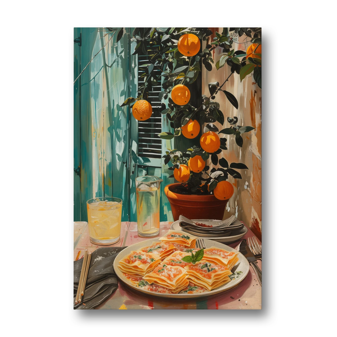 Pasta Painting of Lasagna Under Oranges - Canvas Wall Art - Front