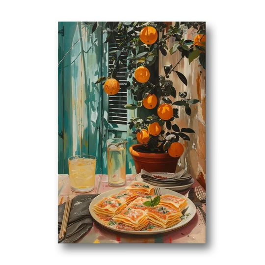 Pasta Painting of Lasagna Under Oranges - Canvas Wall Art - Front