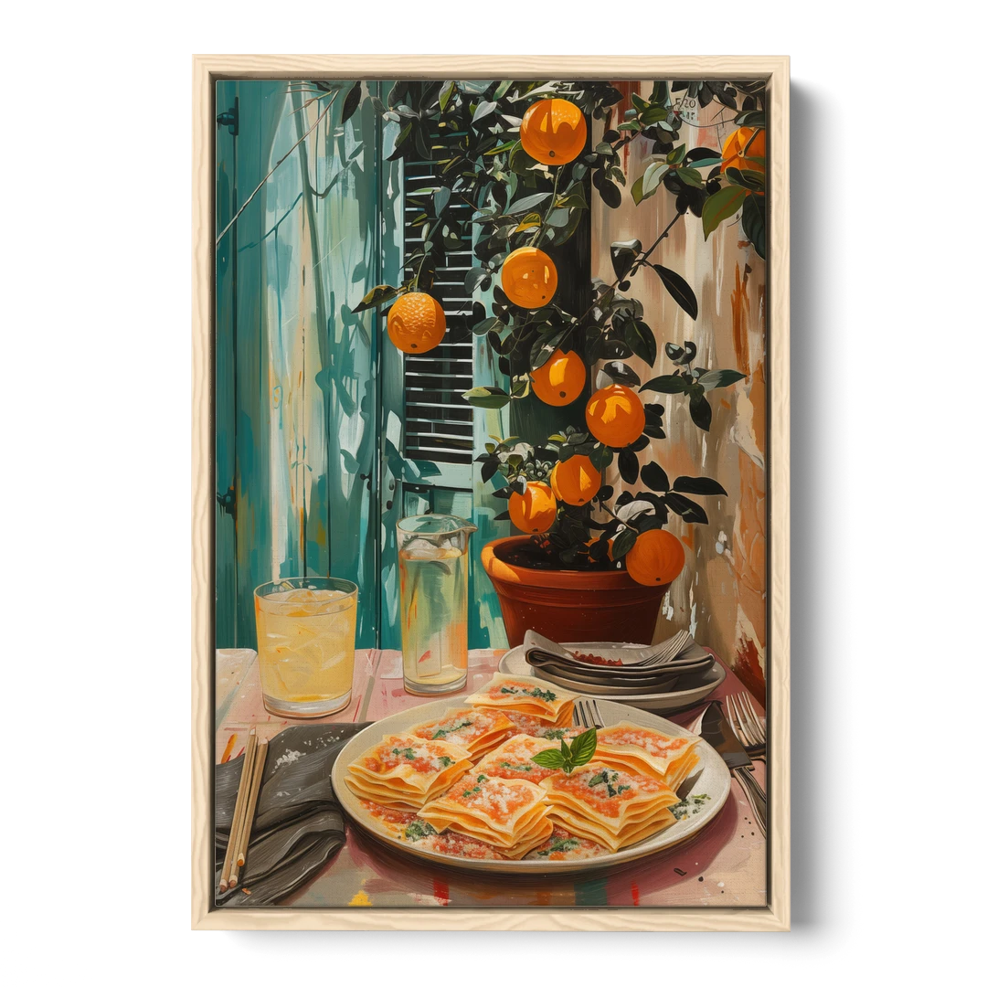 Pasta Painting of Lasagna Under Oranges - Oak Framed Canvas Wall Art - Front