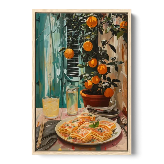 Pasta Painting of Lasagna Under Oranges - Oak Framed Canvas Wall Art - Front