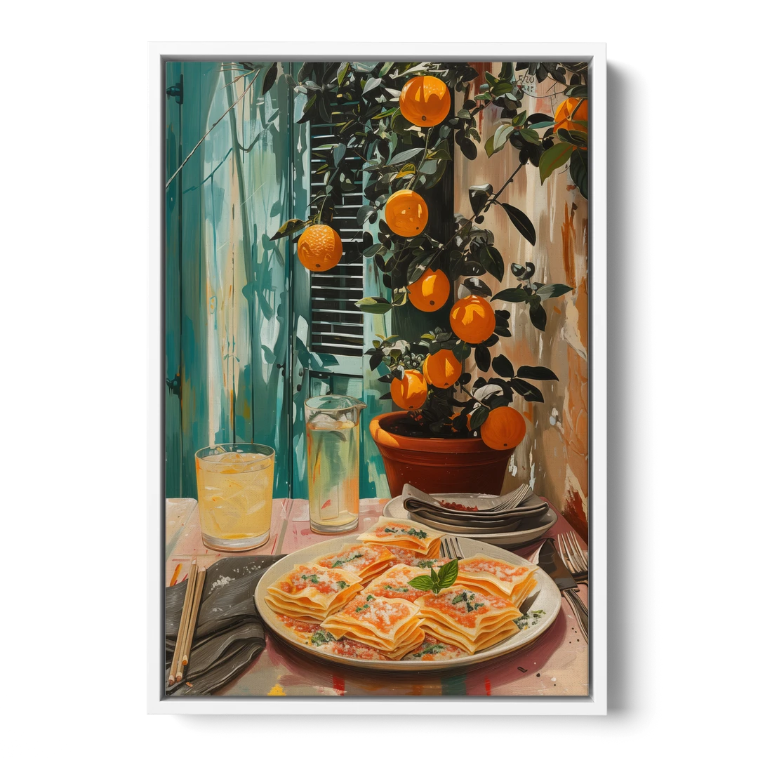 Pasta Painting of Lasagna Under Oranges - White Framed Canvas Wall Art - Front