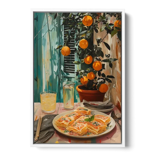 Pasta Painting of Lasagna Under Oranges - White Framed Canvas Wall Art - Front