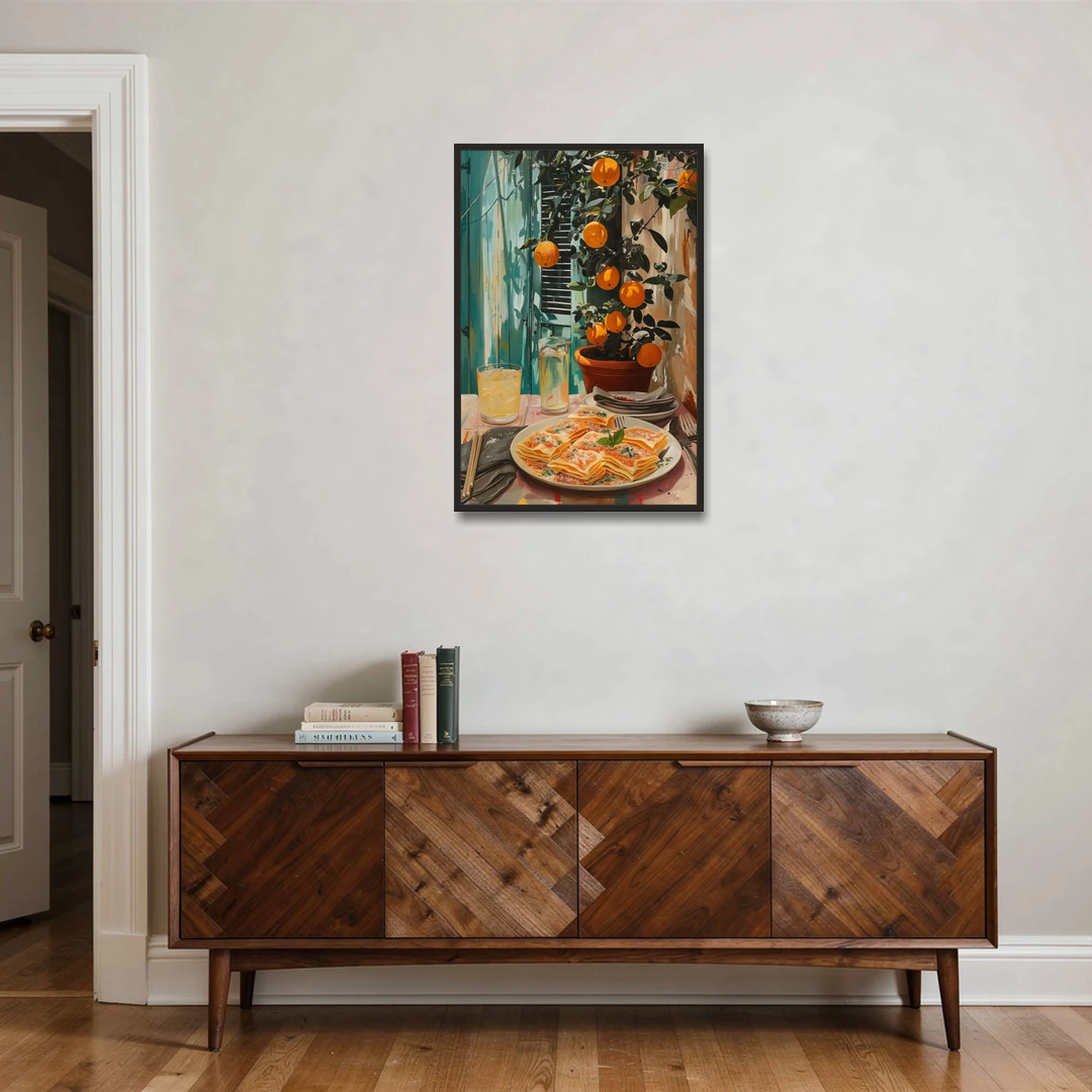 Pasta Painting of Lasagna Under Oranges - Black Framed Canvas Wall Art - Coffee Table - 24x36