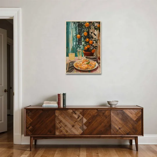 Pasta Painting of Lasagna Under Oranges - Oak Framed Canvas Wall Art - Coffee Table - 24x36