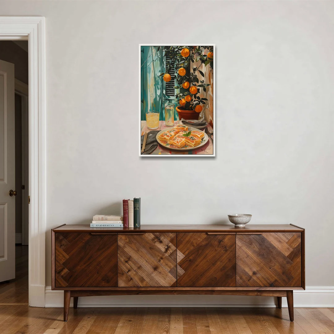Pasta Painting of Lasagna Under Oranges - White Framed Canvas Wall Art - Coffee Table - 24x36
