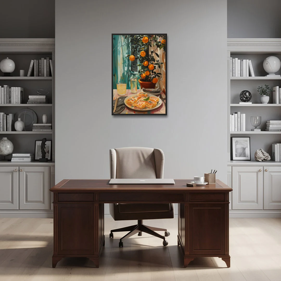 Pasta Painting of Lasagna Under Oranges - Black Framed Canvas Wall Art - Office - 24x36