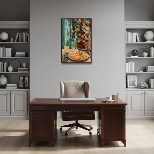 Pasta Painting of Lasagna Under Oranges - Black Framed Canvas Wall Art - Office - 24x36