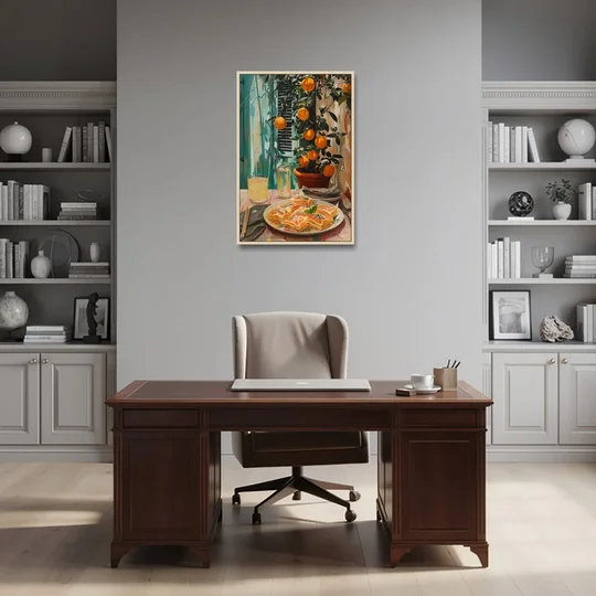 Pasta Painting of Lasagna Under Oranges - Oak Framed Canvas Wall Art - Office - 24x36