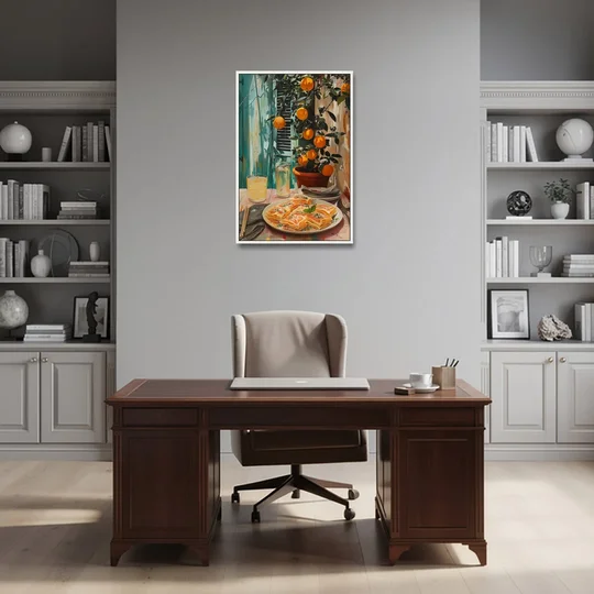 Pasta Painting of Lasagna Under Oranges - White Framed Canvas Wall Art - Office - 24x36