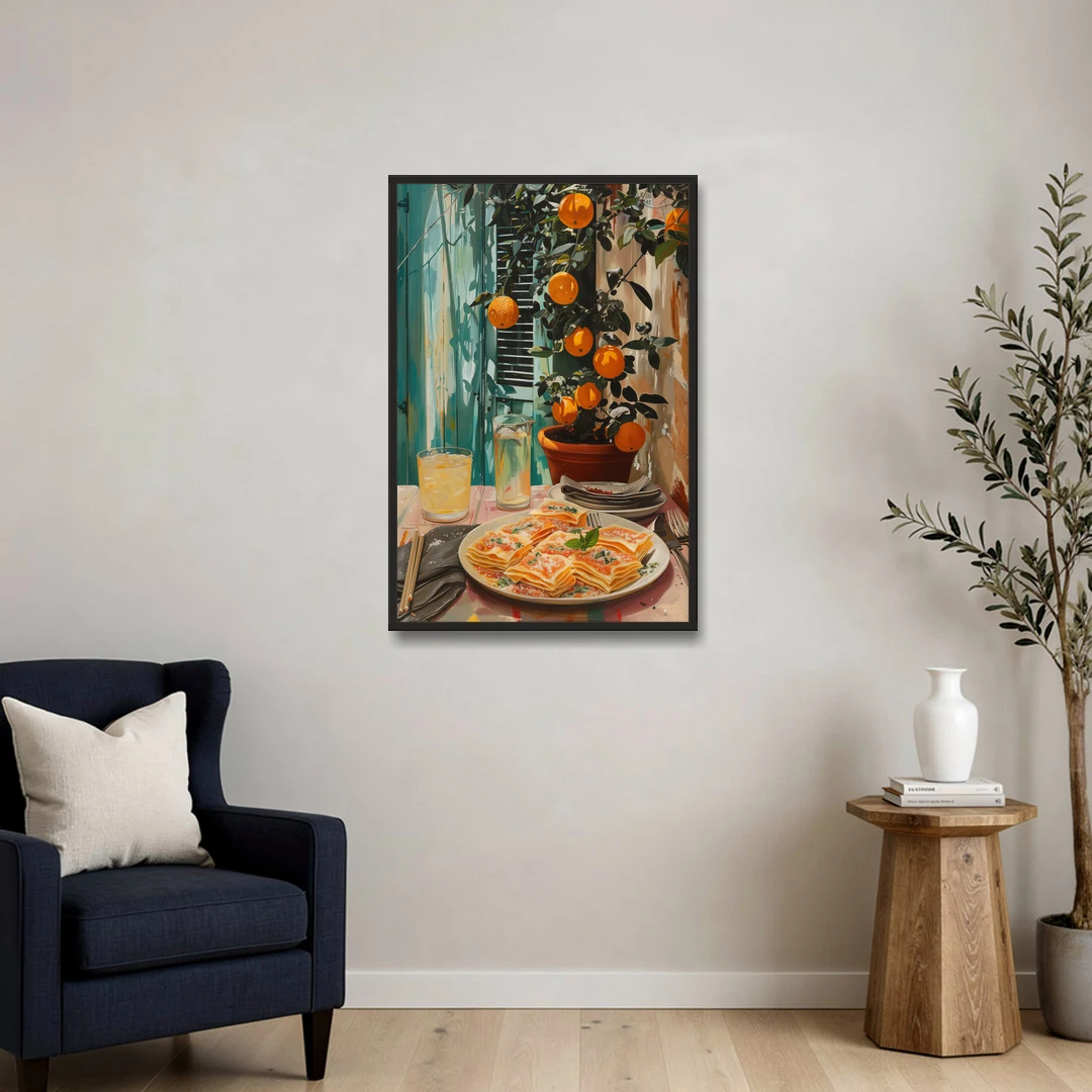 Pasta Painting of Lasagna Under Oranges - Black Framed Canvas Wall Art - Sofa - 24x36