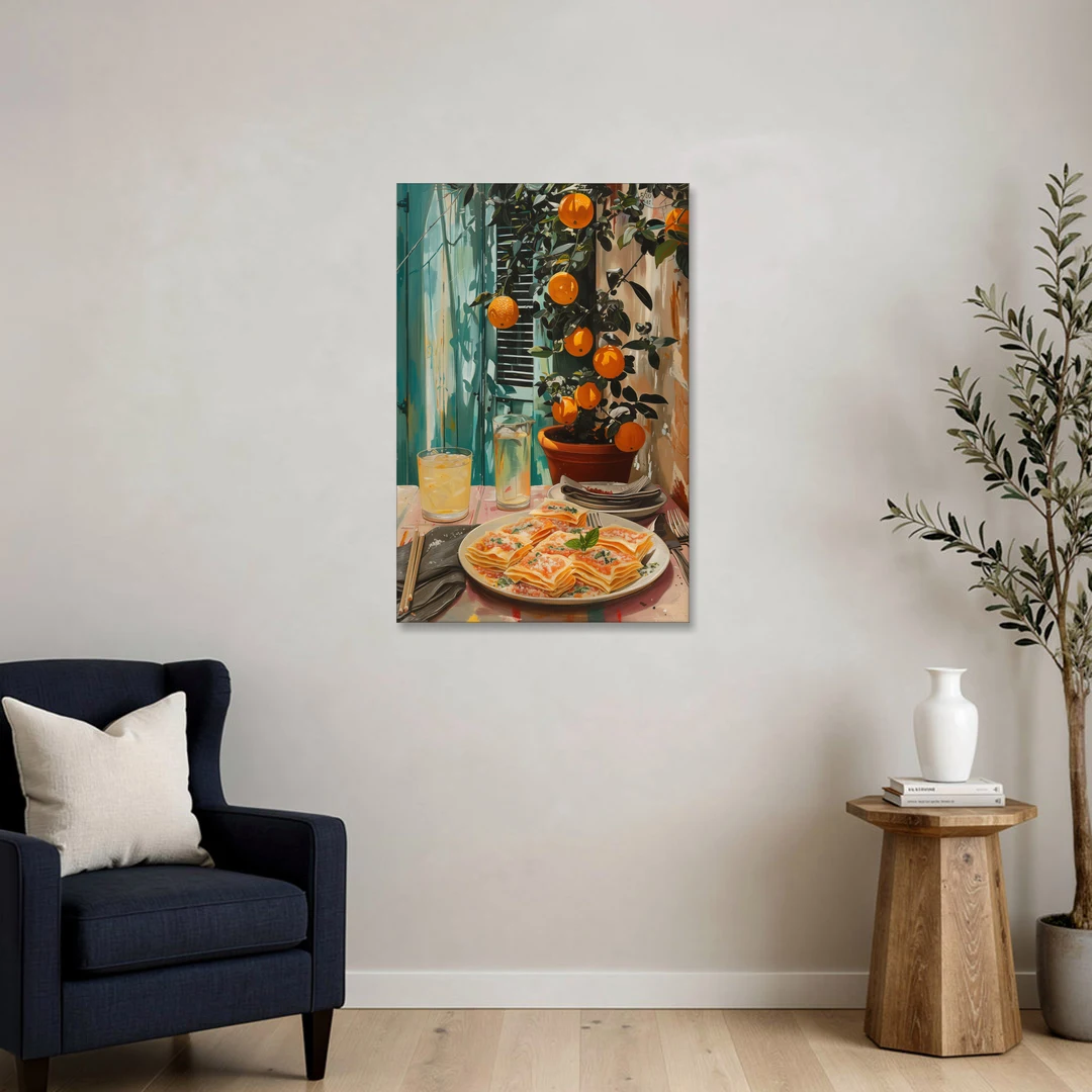 Pasta Painting of Lasagna Under Oranges - Canvas Wall Art - Sofa - 24x36