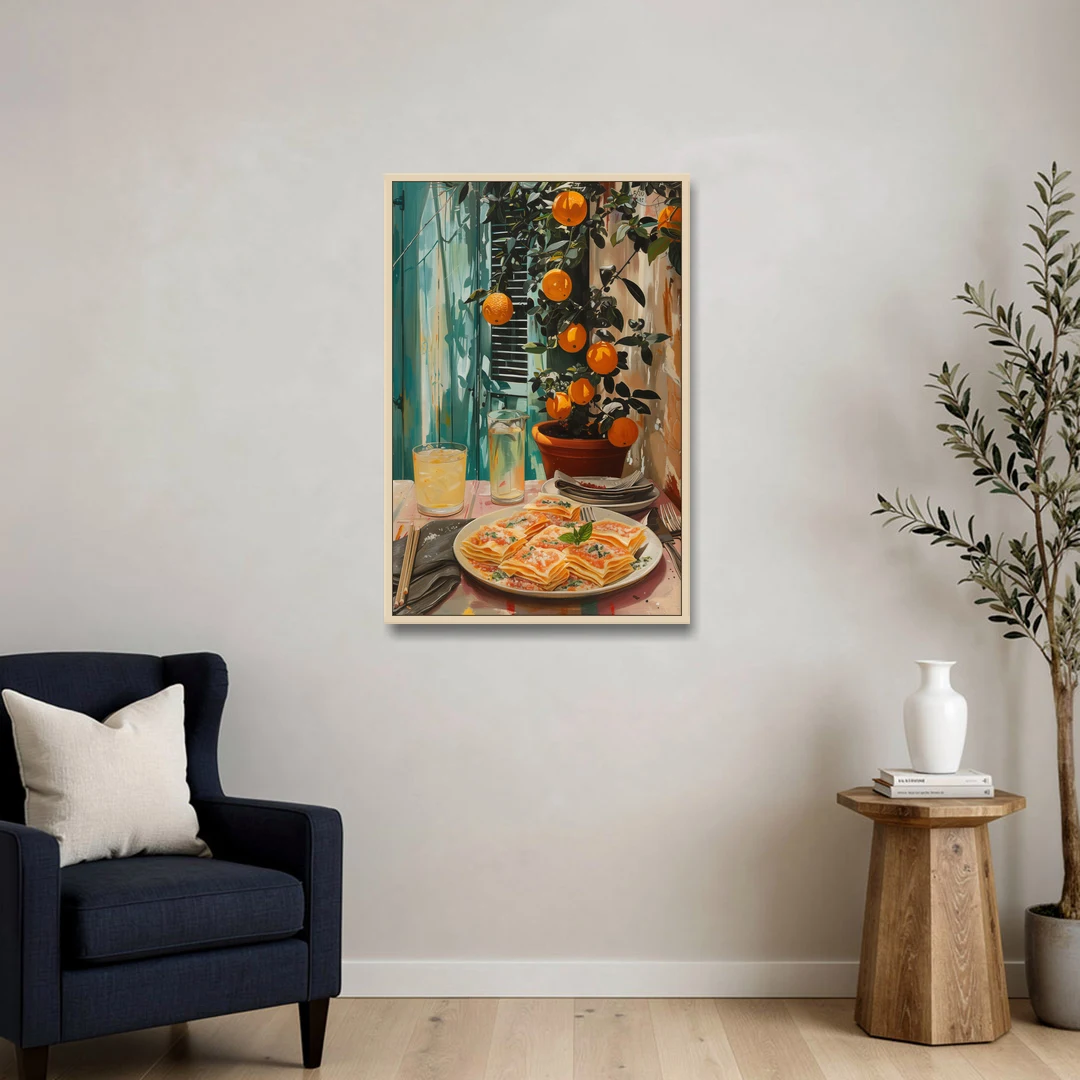 Pasta Painting of Lasagna Under Oranges - Oak Framed Canvas Wall Art - Sofa - 24x36