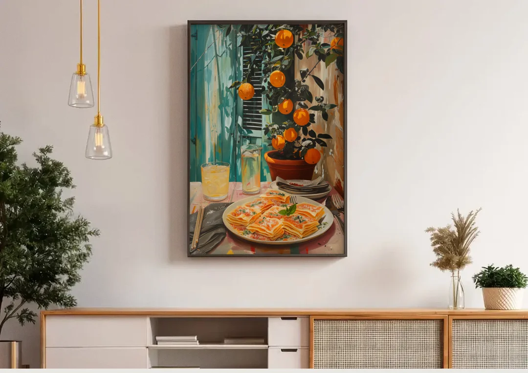 Pasta Painting of Lasagna Under Oranges canvas wall art above a wooden sideboard under pendant lights