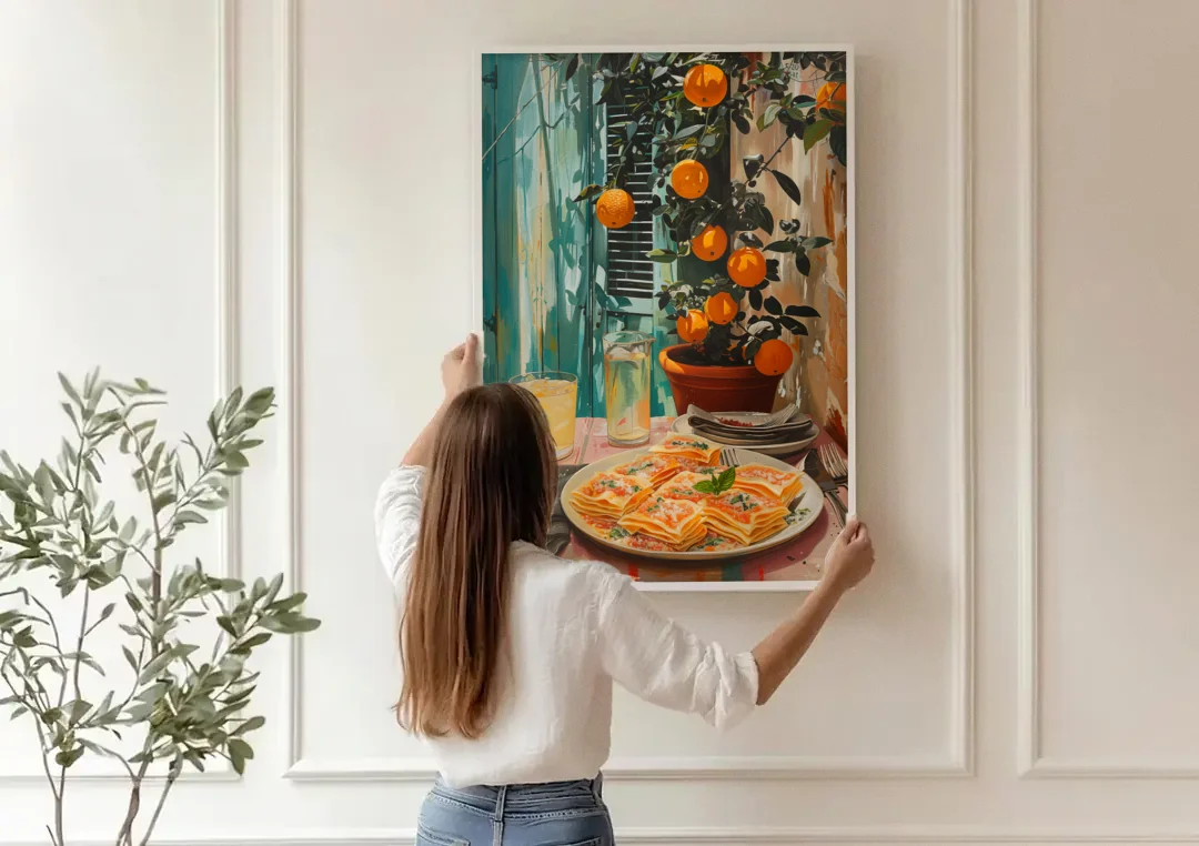 Pasta Painting of Lasagna Under Oranges canvas wall art being hung on a paneled wall