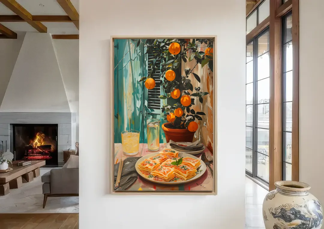 Pasta Painting of Lasagna Under Oranges canvas wall art in a living room with a fireplace