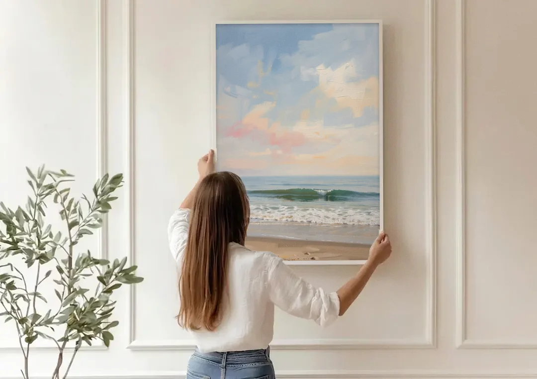 Pastel Abstract Wall Art of a Blush Morning Sea canvas wall art being hung on a paneled wall