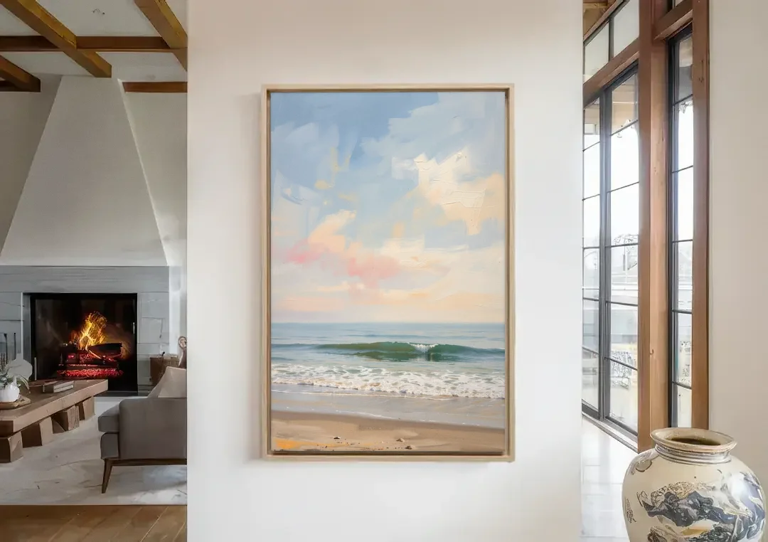 Pastel Abstract Wall Art of a Blush Morning Sea canvas wall art in a living room with a fireplace