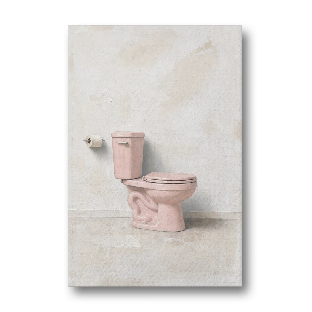 Pastel Bathroom Decor with a Pink Toilet in Profile - Canvas Wall Art - Front
