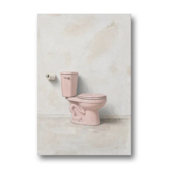 Pastel Bathroom Decor with a Pink Toilet in Profile - Canvas Wall Art - Front