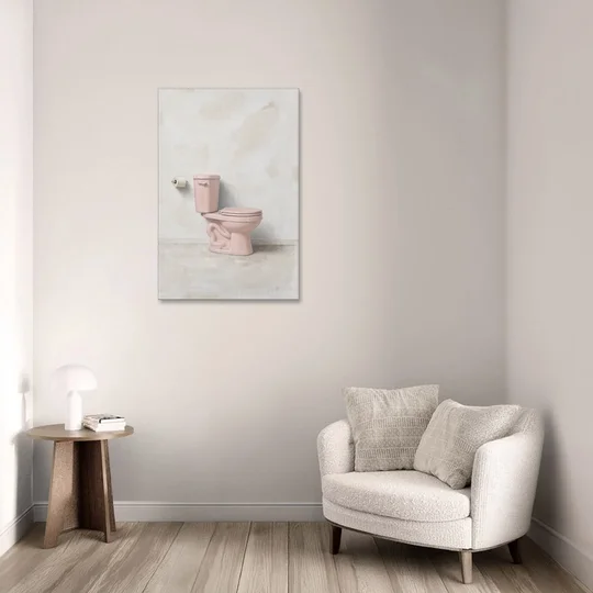 Pastel Bathroom Decor with a Pink Toilet in Profile - Canvas Wall Art - Sofa - 24x36