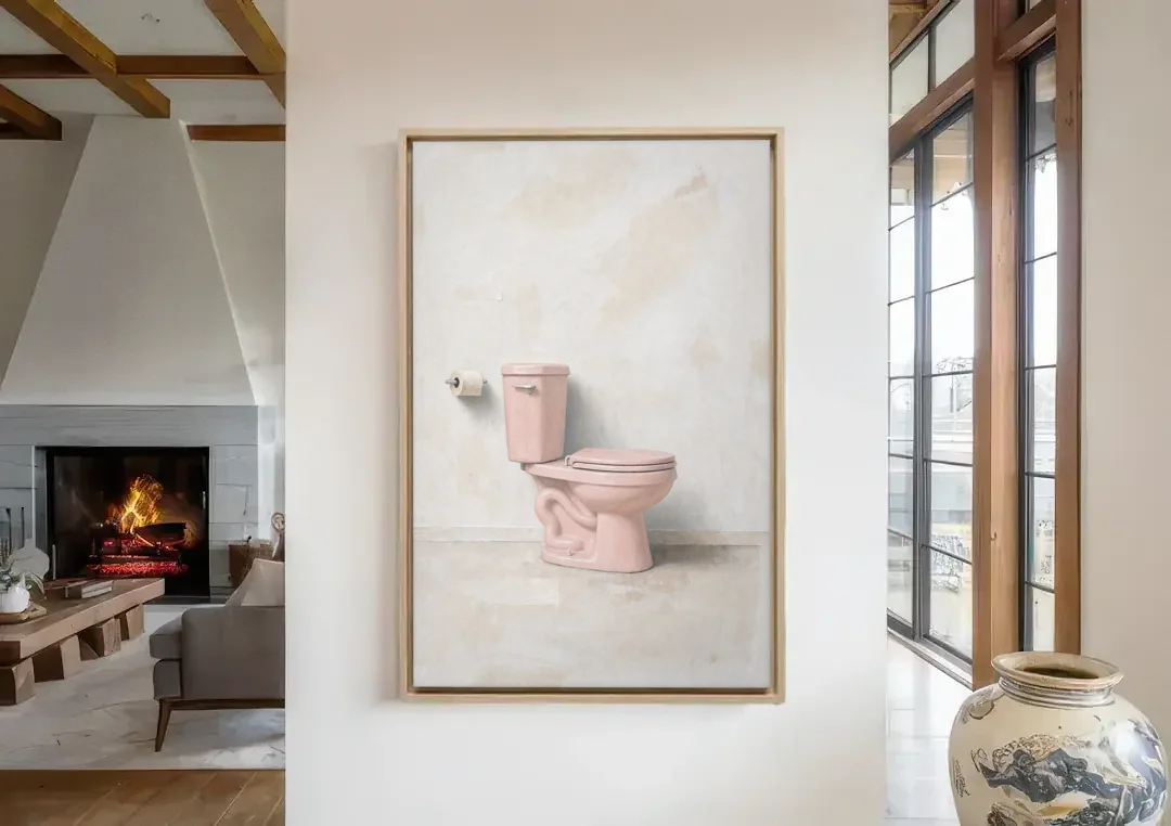 Pastel Bathroom Decor with a Pink Toilet in Profile canvas wall art in a living room with a fireplace