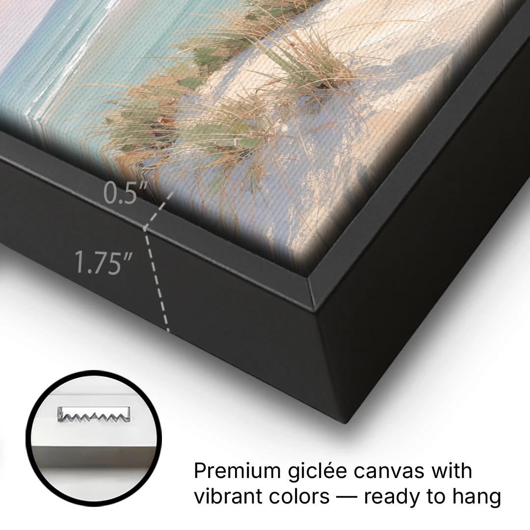 Pastel Beach Painting with Seafoam Lagoon - Black Framed Canvas Wall Art - Gallery Wrap Corner