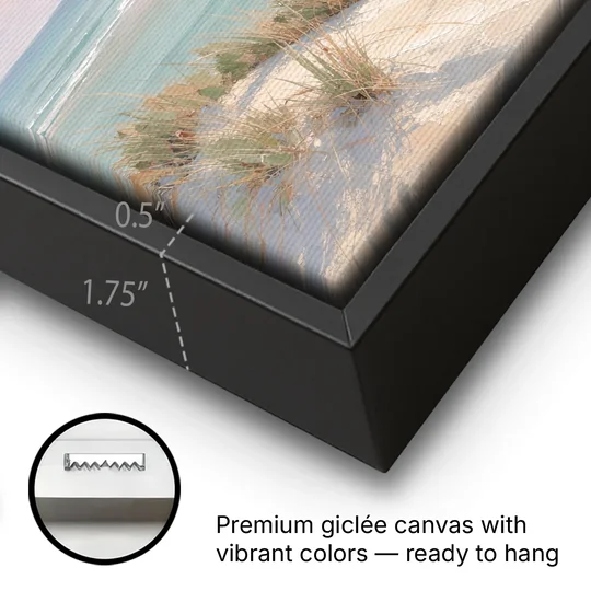 Pastel Beach Painting with Seafoam Lagoon - Black Framed Canvas Wall Art - Gallery Wrap Corner