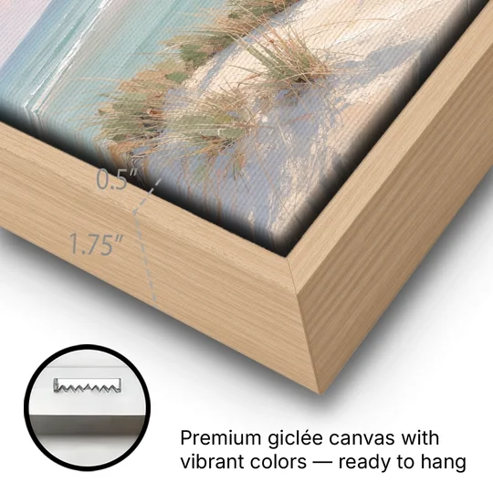 Pastel Beach Painting with Seafoam Lagoon - Oak Framed Canvas Wall Art - Gallery Wrap Corner