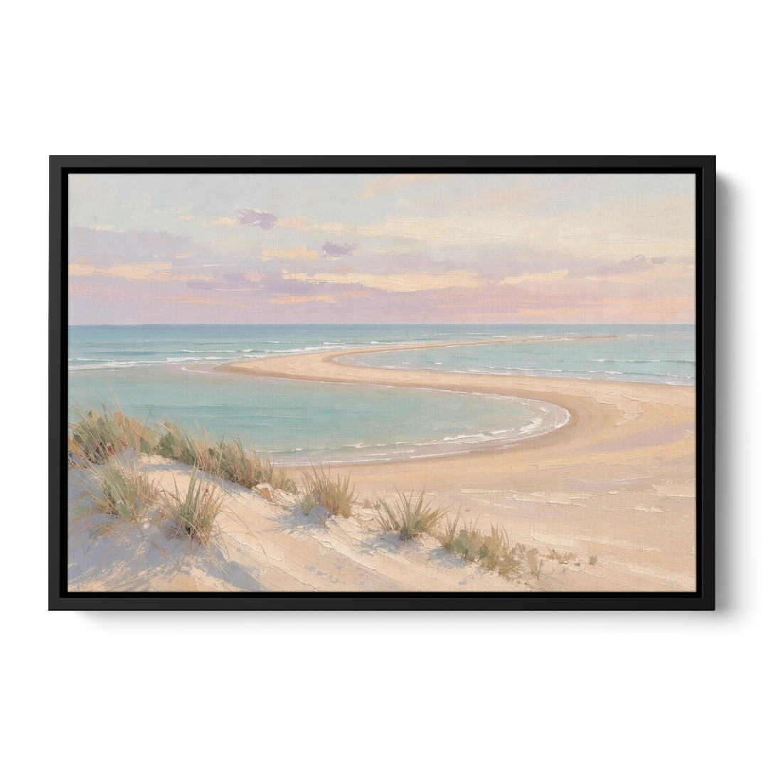 Pastel Beach Painting with Seafoam Lagoon - Black Framed Canvas Wall Art - Front