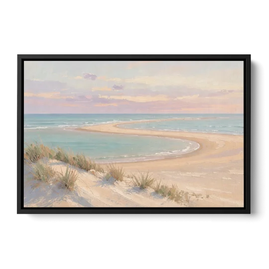 Pastel Beach Painting with Seafoam Lagoon - Black Framed Canvas Wall Art - Front