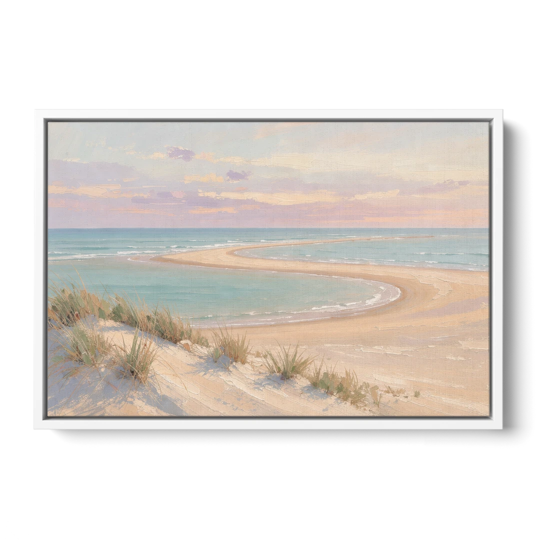 Pastel Beach Painting with Seafoam Lagoon - White Framed Canvas Wall Art - Front