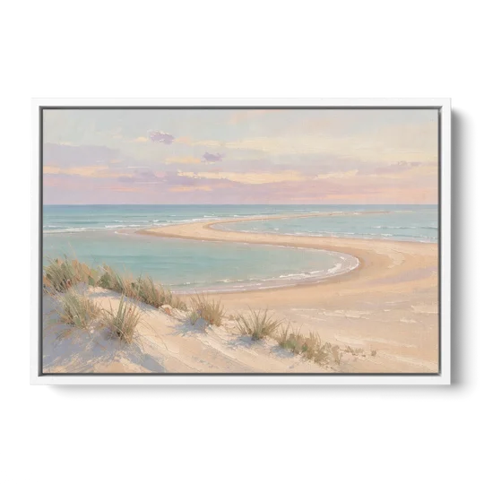 Pastel Beach Painting with Seafoam Lagoon - White Framed Canvas Wall Art - Front
