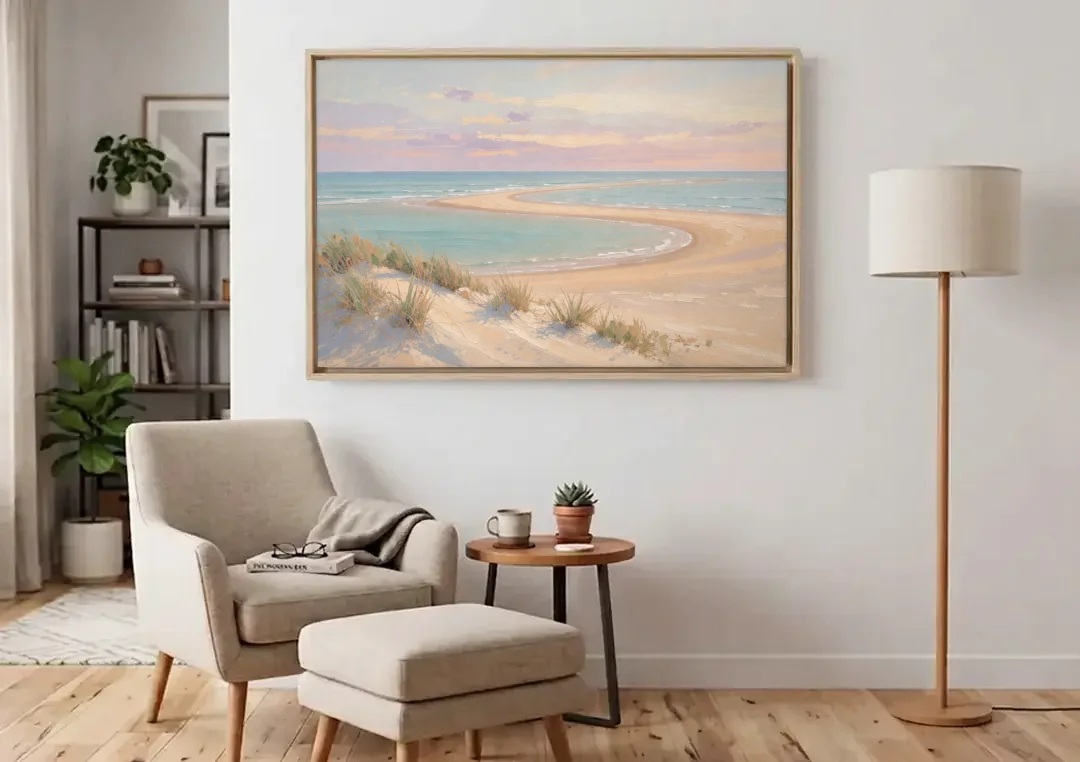 Pastel Beach Painting with Seafoam Lagoon canvas wall art above an armchair in a bright living room