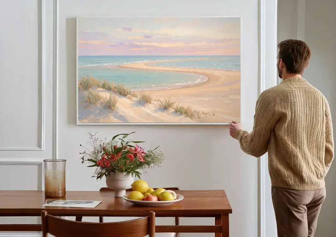 Pastel Beach Painting with Seafoam Lagoon canvas wall art above a dining table